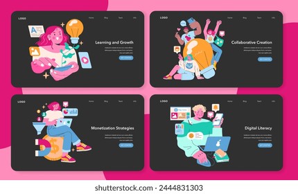 Content Creation Journey set. Illustrating the stages from learning, co-creation, monetization approaches, to mastering digital literacy. Vector illustration for modern creators