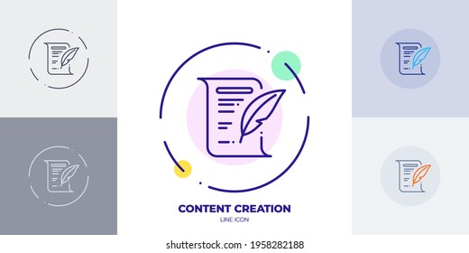 Content creation line art vector icon. Outline symbol of content write by feather. Patent creation made of thin stroke. Isolated on background.