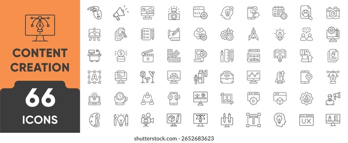 Conjunto De Ícones Da Linha De Criação De Conteúdo. Conjunto de 66 ícones de tópicos incluindo vídeo, blog, microfone, edição, câmera, script e publicação. Traçado editável. Ilustração de vetor linear.