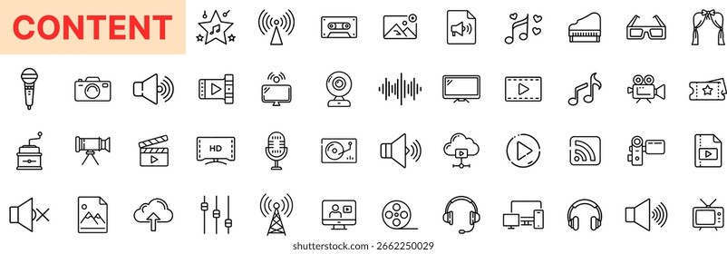 Video Conjunto de iconos de línea de creación de contenido con micrófono, edición, onda de sonido, nota musical, auriculares, cámara, Cargar en la nube, símbolo de transmisión, marco de Imagen, micrófono de podcast y diseño de iconos de archivos de audio