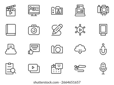 Conjunto de ícones da linha de criação de conteúdo. Grupo de objetos. Inovação, criatividade, ideias, Vlogagem, Fotos, Vídeos, Compartilhamento, Seguidor.