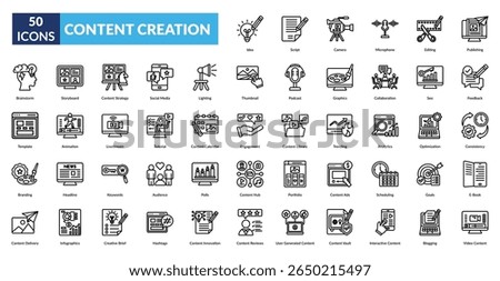 content creation line icon set. Idea, Script, Camera, Microphone, Editing, Publishing, Brainstorm
