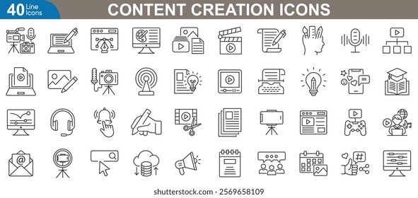 Content creation line icons set. Related social media, video editing, photography, graphic design, writing, podcasting and more. vector illustration pack for creative professionals.