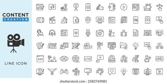 Content creation line icons set. Related social media, video editing, photography, graphic design, writing, podcasting and more vector illustration.