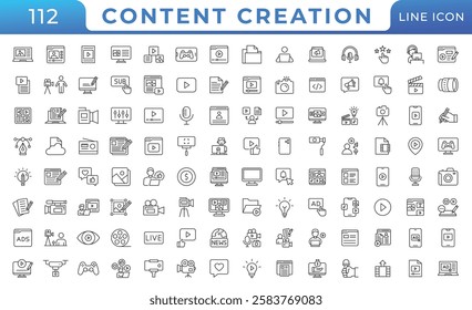 Content creation line icons set. Related social media, video editing, photography, graphic design, writing, podcasting and more vector illustration.