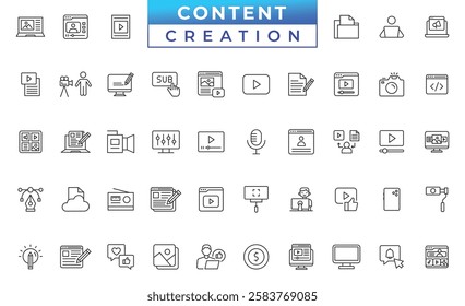 Content creation line icons set. Related social media, video editing, photography, graphic design, writing, podcasting and more vector illustration.