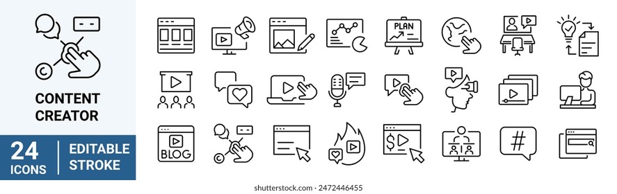 Iconos web de línea de creación de contenido. medios. Trazo editable. Ilustración vectorial