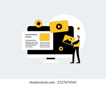 O profissional de marketing de criação de conteúdo mantém cartões de fotos de vídeo da tela do computador com estrelas do botão de reprodução. Estratégia de marketing digital engajamento conteúdo de produção sucesso tecnologia conceito vetor ilustração