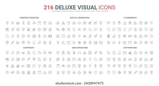 Content creation, marketing services for ecommerce and sales line icons set. Commercial promotion strategy, copyright for ideas, video and storytelling thin black and red symbols vector illustration