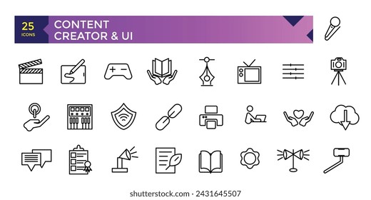 content creation, media. Linear icon collection. Minimalist thin linear web icons bundle. vector illustration.