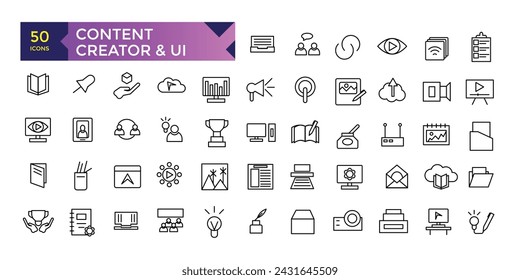 creación de contenido, medios. Colección de iconos lineales. Iconos web lineales finos minimalistas. ilustración vectorial.