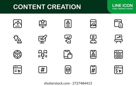 Content Creation Modern Line Icon Pack. Professional vector icons illustrating digital creators media publishing editing and production workflows
