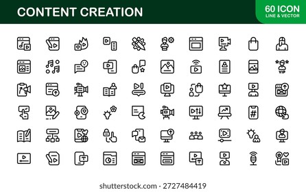 Content Creation Modern Line Icon Set. Professional minimal vector symbols focused on media creators publishing and digital content workflows