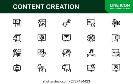 Content Creation Modern Line Icon Set. Professional minimal vector symbols focused on media creators publishing and digital content workflows