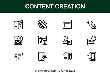 Content Creation Modern Line Icon Collection. Professional minimal vector icons illustrating creator tools media publishing and digital workflows