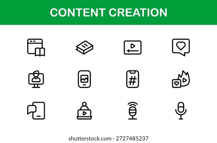 Content Creation Modern Line Icon Set. Professional clean vector graphics representing digital creators publishing workflow and media production tools