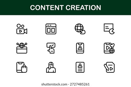 Content Creation Modern Line Icon Pack. Professional vector symbols focused on creator workflows media publishing and digital content production