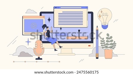 Content creation for online social media tiny person neubrutalism concept. Podcast making or influencer blogging process with video, audio and text editing for visual publishing vector illustration.