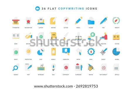 Content creation, pen and pencil to write notes and correct article draft, storytelling color icon set. Creative idea copyright protection, fiction and poetry flat elements vector illustration