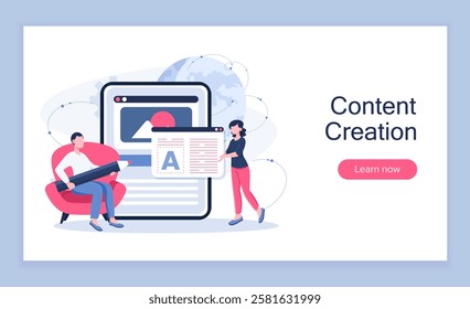 Content creation poster. Man with pencil and woman near smartphone. Collaboration and cooperation. Talented authors create online content. Team of copywriters writes article. Flat vector illustration