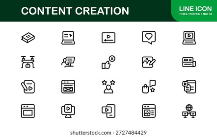 Content Creation Professional Line Icon Pack. Modern vector design elements illustrating creative media workflow publishing and digital production process
