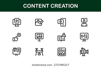 Conjunto de iconos de línea de Profesional de creación de contenido. Gráficos de Vector minimalistas modernos diseñados para creadores de medios que publican y editan sistemas de producción en línea