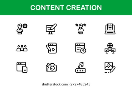 Colección de iconos de línea de Profesional de creación de contenido. Gráficos de Vector mínimos modernos que representan la economía de los creadores y los flujos de trabajo de publicación de medios digitales