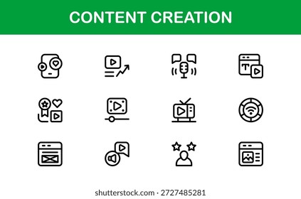 Colección de iconos de línea de Profesional de creación de contenido. Gráficos de Vector mínimos modernos para creadores que publican contenido de edición de medios y gestionan flujos de trabajo