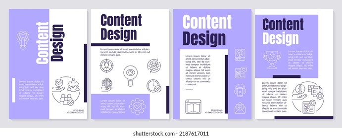 Content creation purple brochure template. Digital marketing. Leaflet design with linear icons. Editable 4 vector layouts for presentation, annual reports. Anton, Lato-Regular fonts used