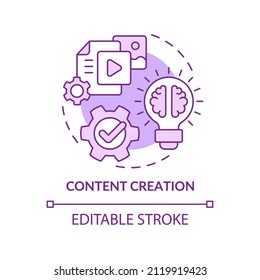 Content creation purple concept icon. SEO optimization. AI in marketing abstract idea thin line illustration. Isolated outline drawing. Editable stroke. Arial, Myriad Pro-Bold fonts used