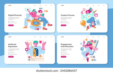 Inhaltserstellungssatz. Digitale Vielfalt feiern, den kreativen Prozess erforschen, Online-Authentizität ausdrücken, Engagement und Interaktion verbessern. Vektorgrafik.