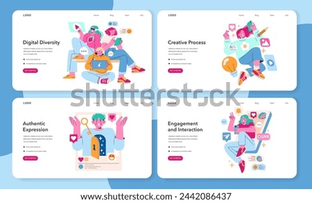 Content Creation Set. Celebrating digital diversity, exploring the creative process, expressing authenticity online, enhancing engagement and interaction. Vector illustration.
