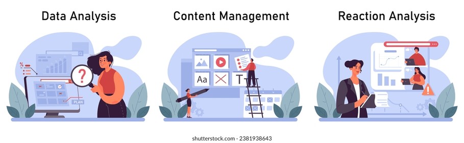 Content creation set. Social media marketing and digital promotion campaign. Content marketing, data visualization and optimization. Creative process. Flat vector illustration