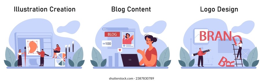 Content creation set. Social media marketing and digital promotion campaign. Content marketing, data visualization and optimization. Creative process. Flat vector illustration