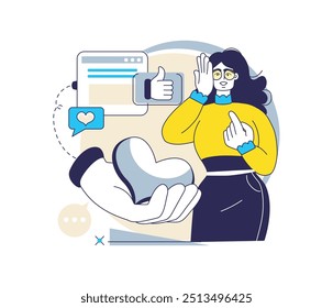 Content creation. Social media blogger. Online communication. Likes and comments. Favorite internet influencer. Web blogging. Digital technology. Messenger chatting. Subscribers hearts. Vector concept