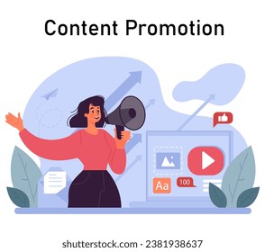 Content creation. Social media marketing and digital promotion campaign. Content marketing, data visualization and optimization. Creative process. Flat vector illustration