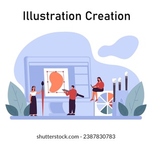 Content creation. Social media marketing and digital promotion campaign. Content marketing, data visualization and optimization. Creative process. Flat vector illustration