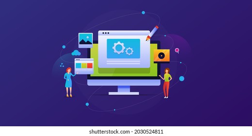 Content creation software, content development with AI based software system, women editing content online - vector illustration with icons and characters