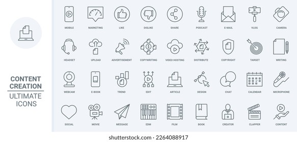 Content creation thin line icons set vector illustration. Outline copyright and marketing in social media, blog trends podcast to share, write and edit articles in computer or mobile phone, hosting