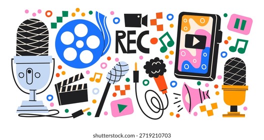 Tools für die Inhaltserstellung im Retro-Cartoon-Stil. Mikrofon, Smartphone und Aufnahmesymbole mit Mediensymbolen, spielerischer digitaler Produktionsatmosphäre, visueller Sprache des Podcasts, Video-Blogging und Online-Kommunikation, modernem kreativen Workflow für Kreative, Streaming, Audio- und Social-Media-Inhalte