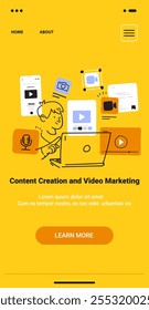Video Concepto de creación de contenido y marketing con una persona en una computadora portátil con íconos multimedia en una pantalla de App móvil de fondo amarillo minimalista