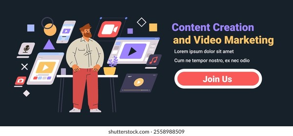 Content creation and video marketing concept Man standing among digital media icons and screens Dark background Website banner