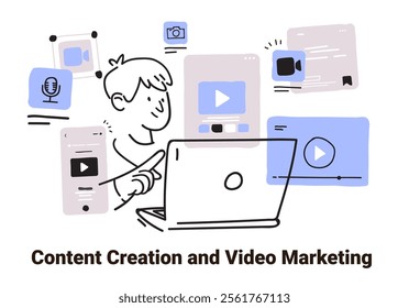 Content creation video marketing concept laptop user surrounded by multimedia icons in minimalist sketch style digital media design