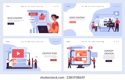 Content creation web banner or landing page set. Social media marketing and digital promotion. Content marketing, data visualization and optimization. Creative process. Flat vector illustration
