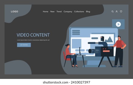 Content creation web banner or landing page dark or night mode. SMM and digital promotion. Content marketing, data visualization and optimization. Creative process. Flat vector illustration