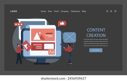 Content Creation Web Banner oder Landing Page Dark oder Night Mode. SMM und digitale Werbung. Content Marketing, Datenvisualisierung und Optimierung. Kreativer Prozess. flache Vektorillustration