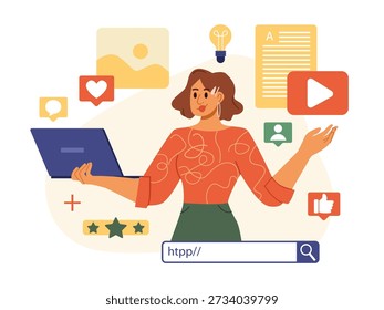Content creation for website social media. Woman content maker creation video, audio and text editing for visual publishing. Ideal for digital marketing concept and campaign. Flat vector illustration.