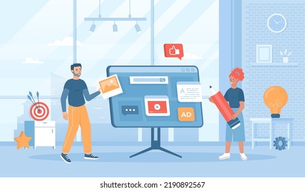 Content creation. Writing and editing texts, Posting photos and videos. Content marketing. Web and app development. People building user interface. Flat cartoon vector illustration with people