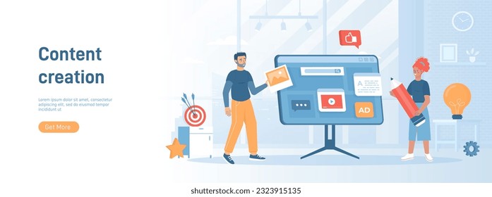 Content creation. Writing texts, Posting photos and videos. Content marketing. Web and app development. Flat concept great for social media promotional material. Website banner on white background.