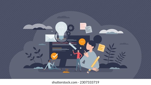 Content creation and writing texts for publications tiny person concept. Social media posts production with creative information vector illustration. Blogging author ads campaign as marketing plan.